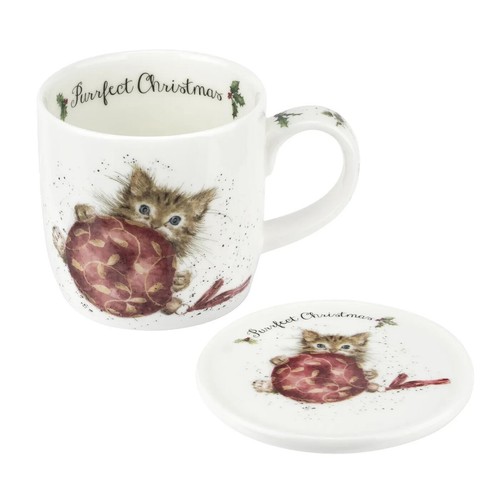 Royal Worcester Wrendale Christmas Cat Coffee Mug & Coaster "Purrfect Christmas" - Picture 5 of 8
