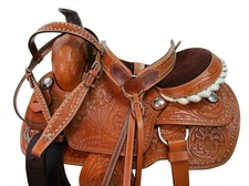 WESTERN ROPING RANCH SADDLE ROPER HORSE BROWN LEATHER TOOLED TACK 15 16 17 18