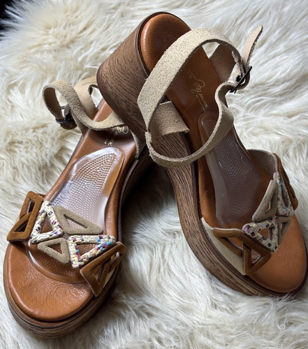 Sesto Meucci Wedge Strappy Sandals Shoes Women's Size 8.5 / 39 Casual Tan