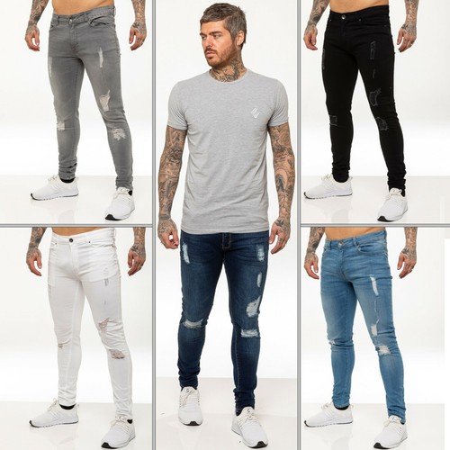 Enzo Mens Skinny Ripped Jeans Super 