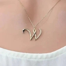Round Simulated Diamond "W" Letter Charm Pendant Chain 14K Yellow Gold Plated