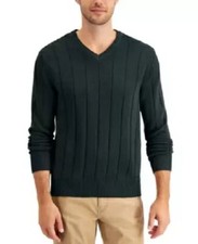 Club Room Men's Drop-Needle V-Neck Cotton Pullover Sweater, Pine Green, XXL