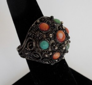 Antique Chinese Silver Filigree Turquoise & Coral Cabochon Adjustable Ring Sz 7