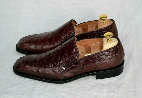 Genuine Aligator-Ostrich Shoes Slip-on Loafers 2-Tone Burgundy Brown #2368 Size7 - Picture 3 of 7