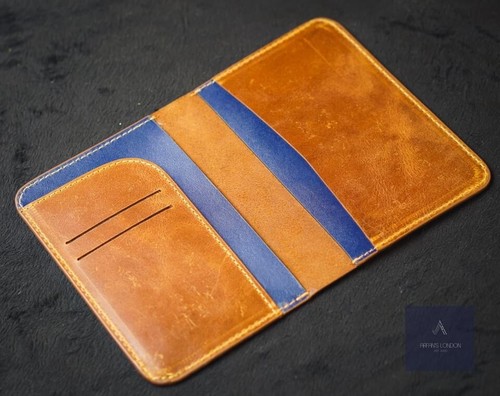 Cartera pasaporte cuero real color marrón y azul calidad premium cuero genuino - Imagen 2 de 4