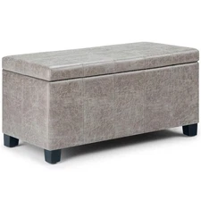Simpli Home Dover Faux Leather Storage Ottoman Bench in Gray Taupe