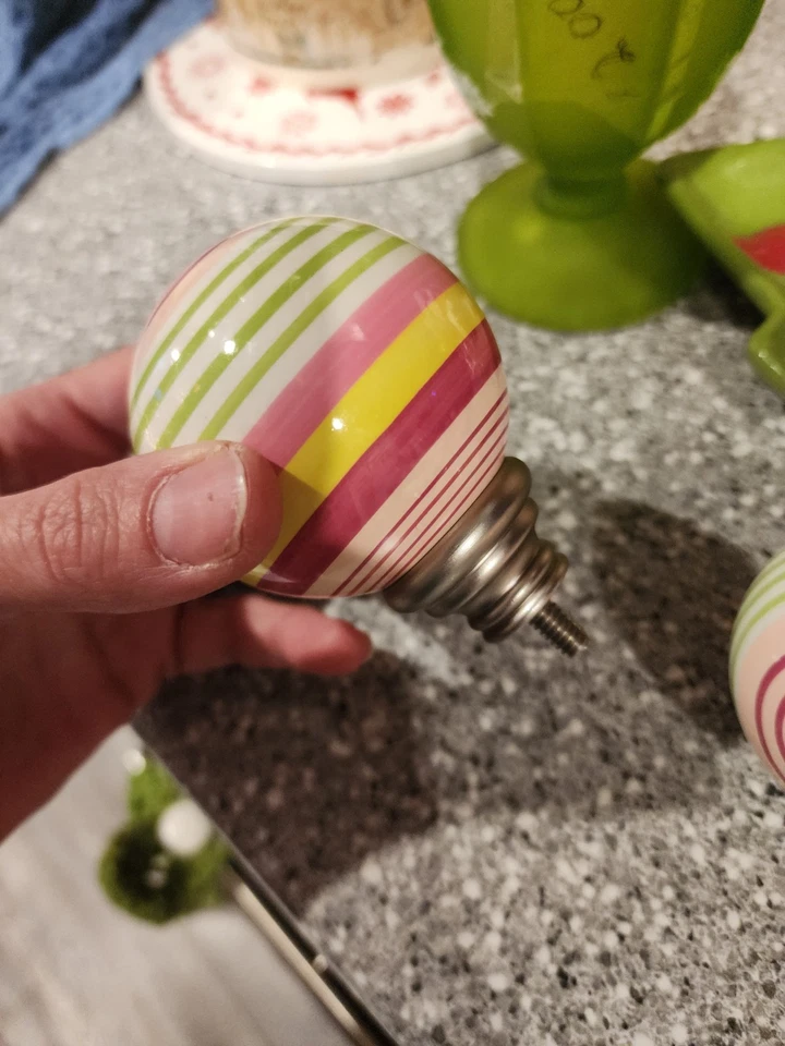 Pottery Barn Curtain Rod Finials Set of Two Pink Green Yellow Striped Ceramic - Image 2 of 4