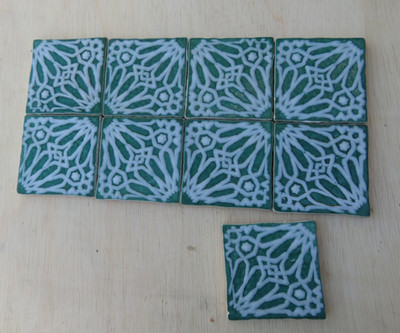 LOT OF 9 RARE VINTAGE / ANTIQUE GLAZED SQUARE TEAL TILES RAISED FLORAL PATTERN