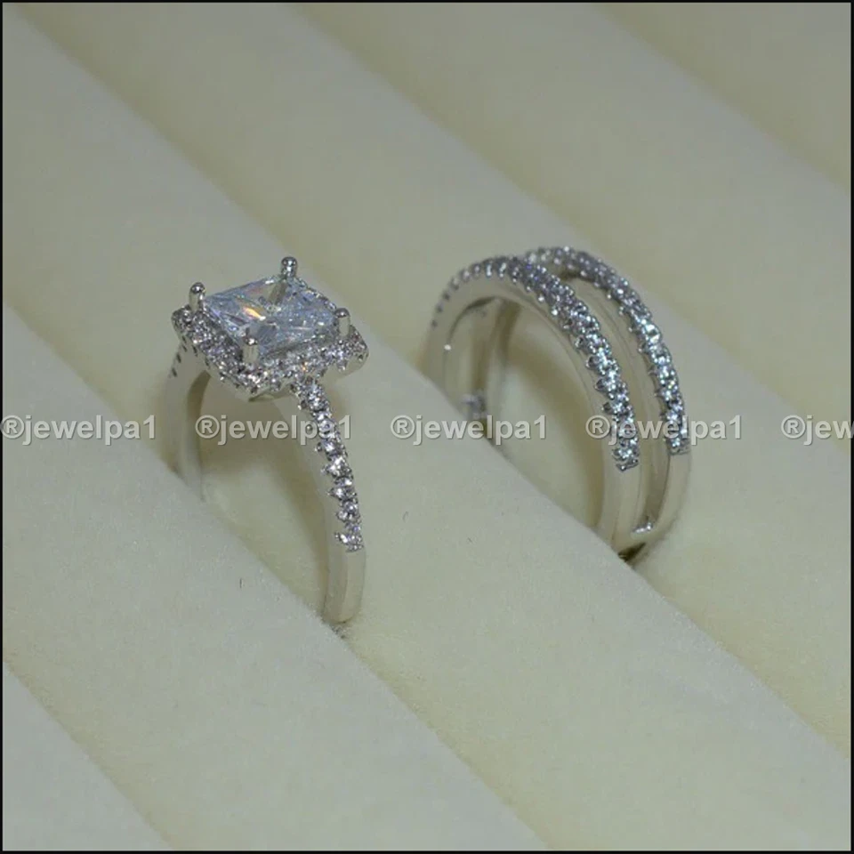 Moissanite Bridal Set Engagement Ring 2.75 CT Princess Cut Solid 14K White Gold - Image 3 of 4