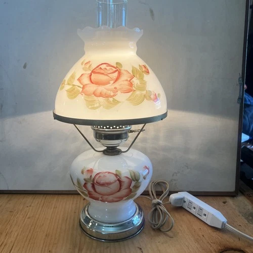 Vintage Hand Painted Fire Orange Rose Hurricane Lamp 17" Beautiful Piece