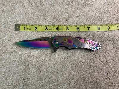 Rainbow Wolf Embossed Spring Assisted Folding Knife