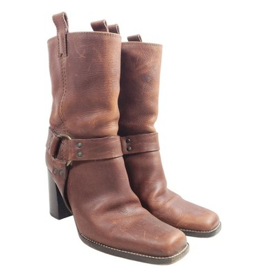 Michael Kors Womens Size 8.5 Brown Leather Harness Boots Block Heel Western Styl
