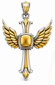 Authentic Two Tone 14K Gold Plated Real 925 Sterling Silver Angel Wing Cross Pendant Charm