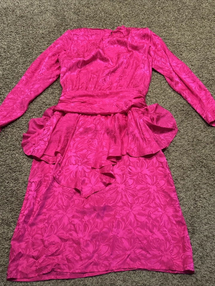 Vestido Argenti Vintage Feminino 16 Rosa Rosa Assimétrico Damasco Anos 80 Seda Dinastia B15 - Imagem 3 de 3