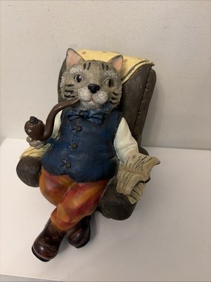 Vintage Katze Figur Sessel Pfeife Lesebuch anthropomorph Ornament Akademie
