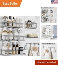 6 Pack Large Capacity Rustproof Shower Caddy with 12 Hooks - No Drilling Needed