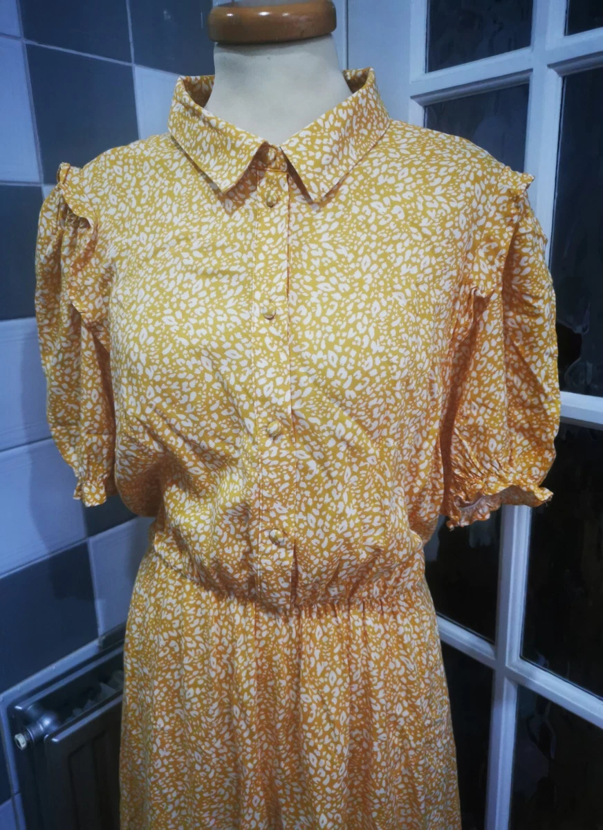 Womens NEW LOOK Yellow Animal Print Midi Smocked Tea Dress UK 12