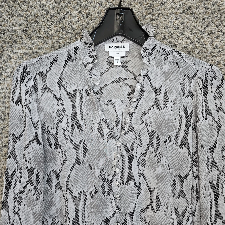 Express Top 女式小号 Portofino 灰色蛇纹印花修身纽扣透明衬衫 — 第 4/4 张图片