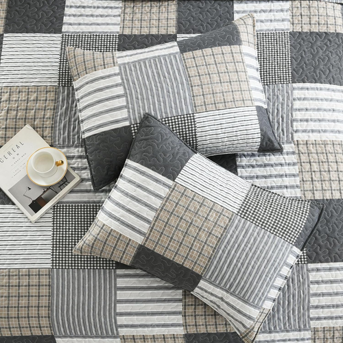 3-Piece Queen Quilt Set, Lightweight Soft Full Size Quilt Gray Patchwork Farmhou - Picture 6 of 7