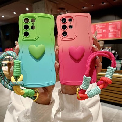 For iPhone 15 Pro Max 14 13 12 11 XS MAX XR Gradient Wave Edge Case with Lanyard