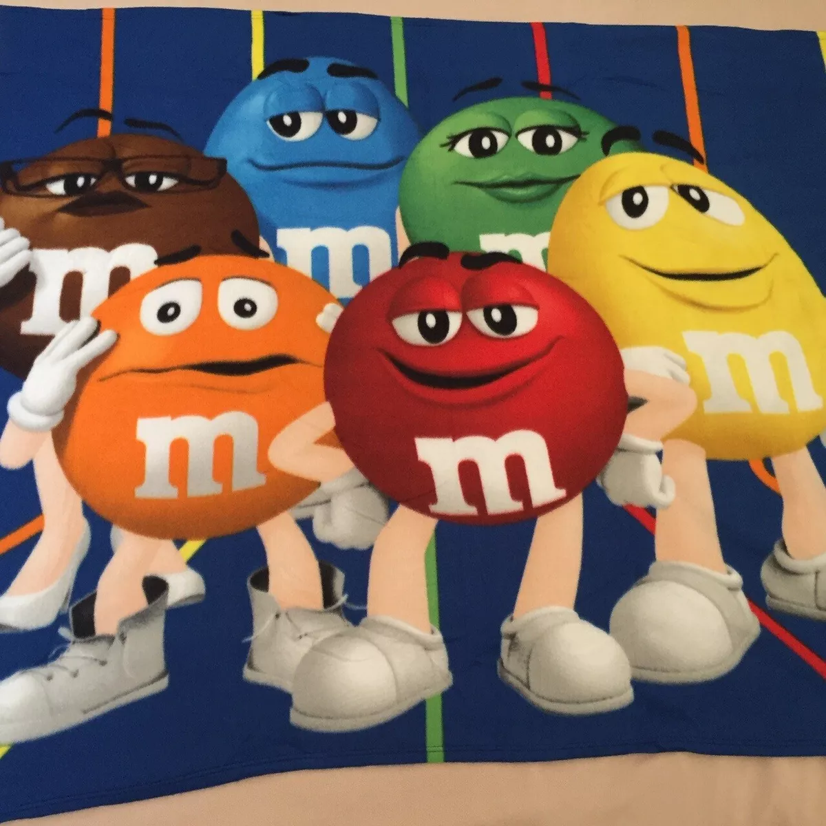 M M Fleece Blanket Throw w Characters Blue Brown Green Red Orange