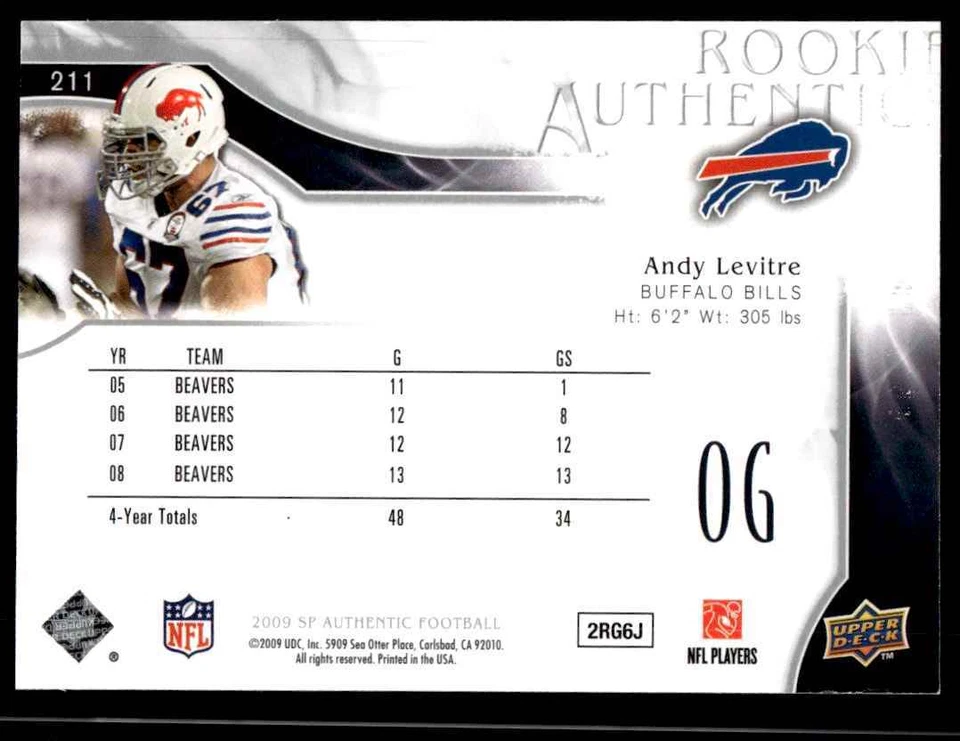 2009 SP Authentic Andy Levitre Rookie 935/999 Buffalo Bills #211 R123 - Image 2 of 2