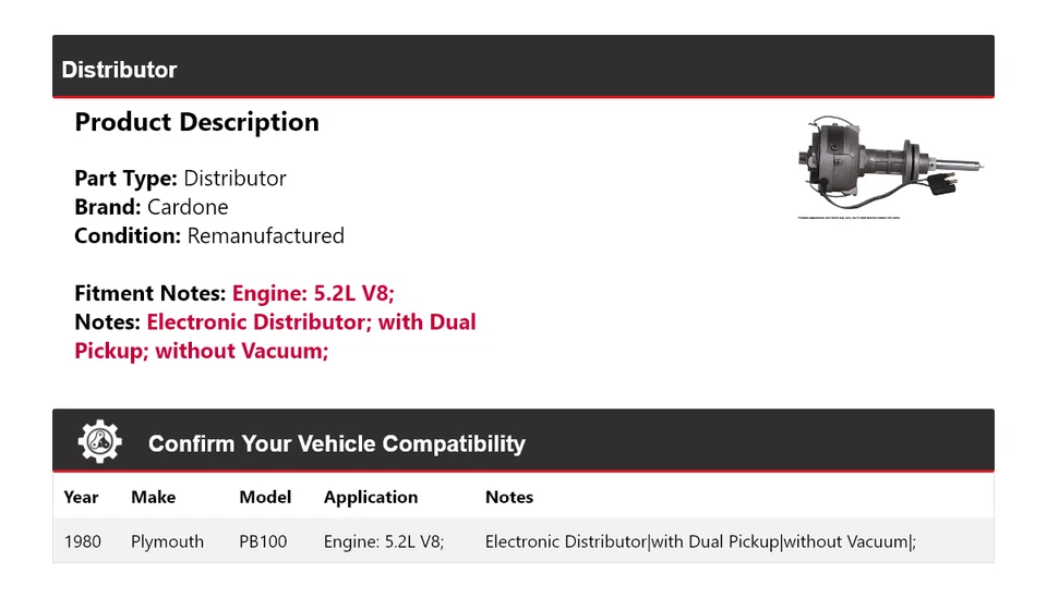 For 1980 Plymouth PB100 5.2L V8 Distributor Cardone - Image 2 of 4