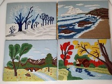 Vintage Needlepoint Embroidery Seasonal Landscapes 7" by 10 " Lot of 4