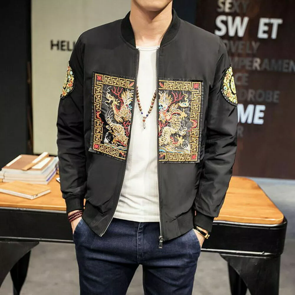 Men Embroidered Baseball Jacket Ethnic Dragon Pattern Tops Coat Windbreaker Slim