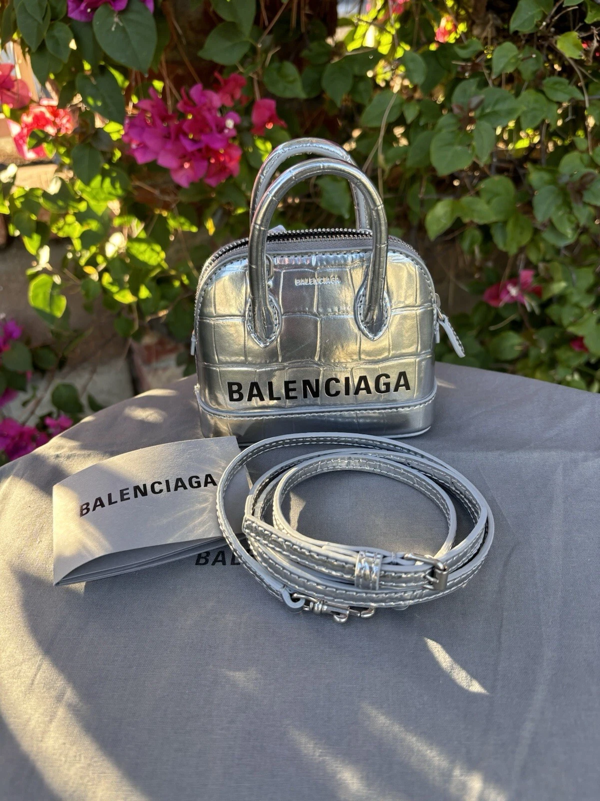 NWT $1690 Balenciaga Ville Top Handle Crocodile Leather Bag Silver Sz Mini Nano