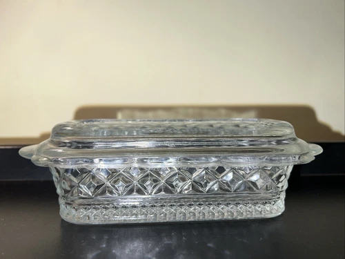Vintage Anchor Hocking Wexford Glass Covered Butter Dish Diamond Pattern 8”
