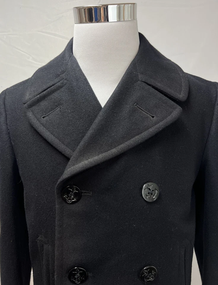 美国海军复古男式 38R 双排扣 Pembroke Melton Anchor 豌豆大衣军用 — 第 2/4 张图片