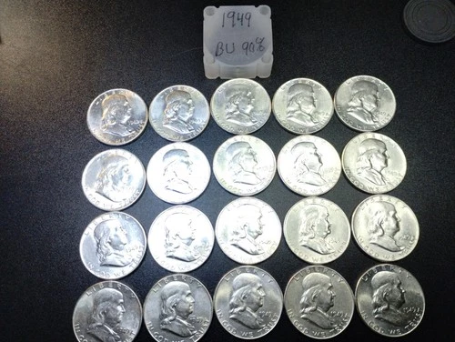 1949 Franklin Half Dollar BU 90% Fine Silver. 20 Coin Roll.