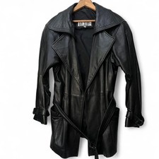 NY Line Women  s Vintage Leather Jacket Black Size Med Leather Belt Pockets Lined