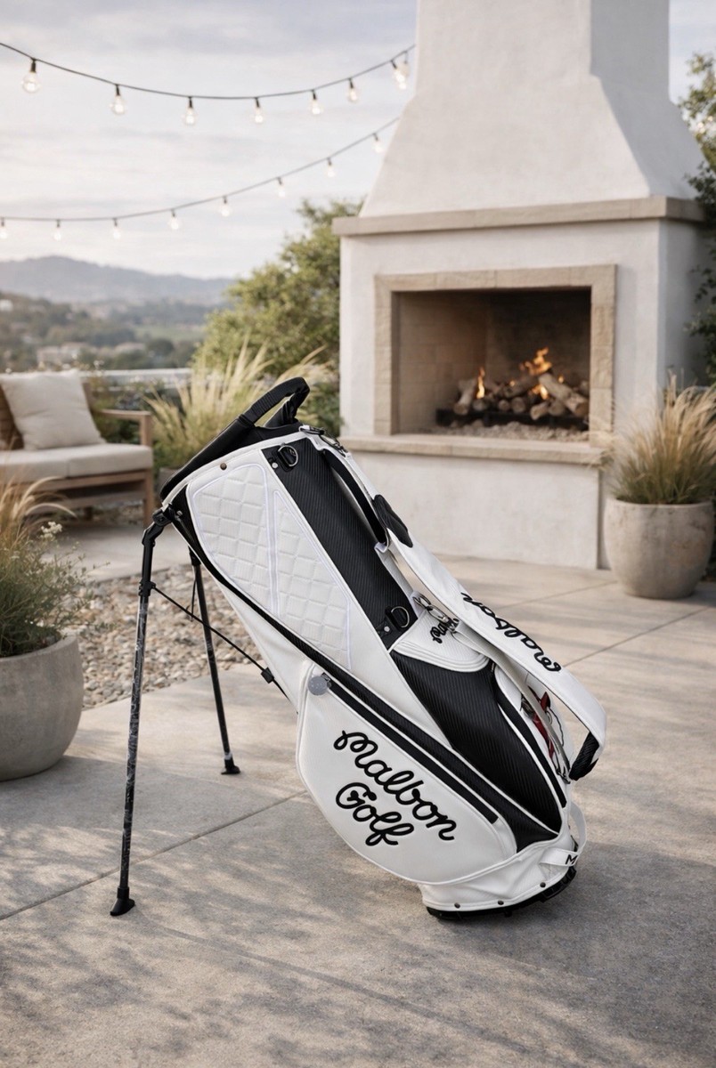 Malbon Golf Stand Bag White Synthetic with Golf Ball Red Hat