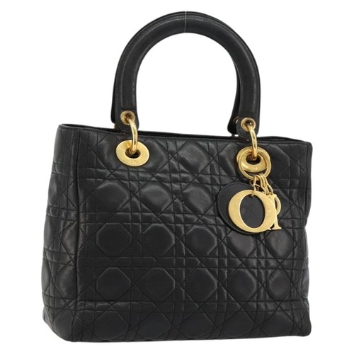 Christian Dior Vintage Lady Dior Bag Cannage Quilt Lambskin Black Leather