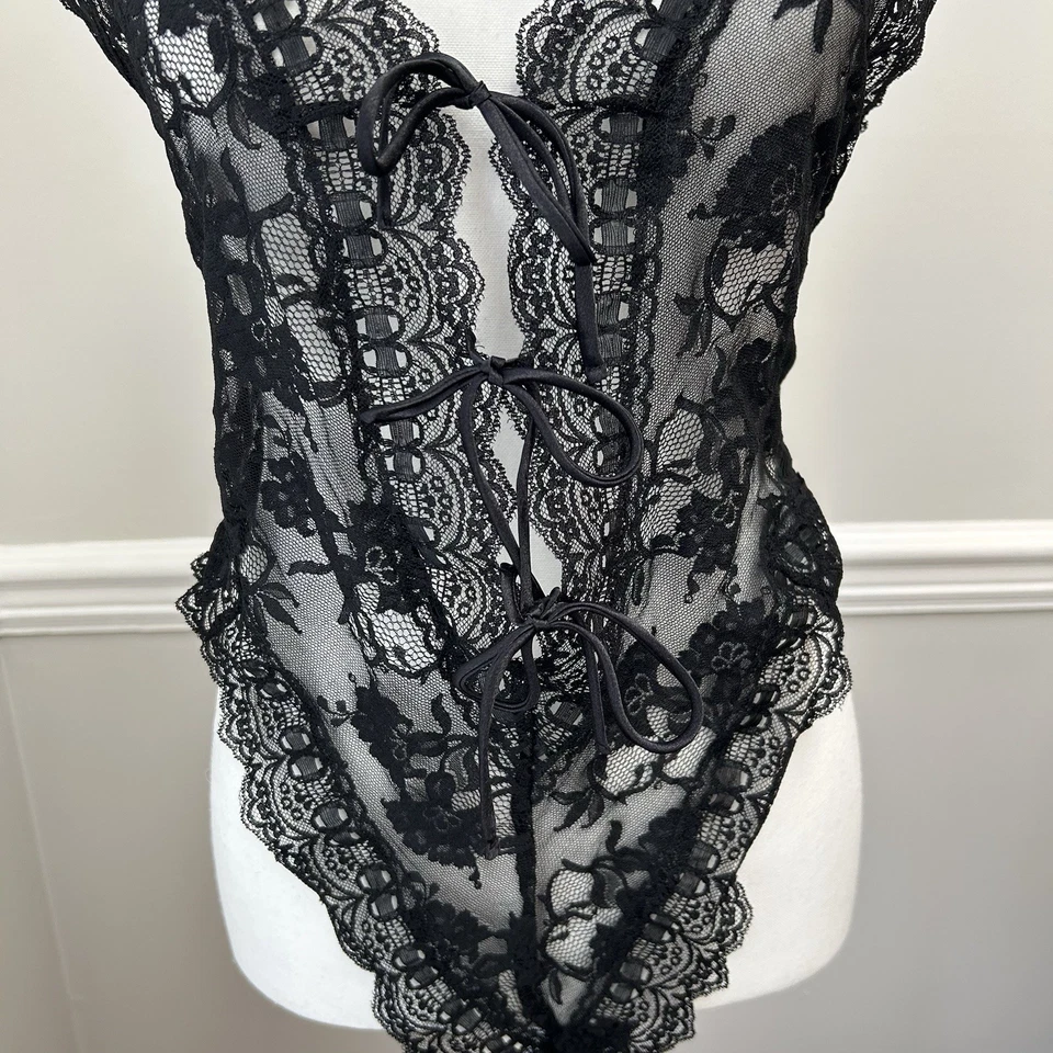 Vintage Victoria’s Secret Gold Label Size L Black Lace Teddy Tie Front High Cut - Image 3 of 4