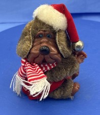 Vintage Pencil Hugger Christmas Dog Clip On Plush Santa Hat Scarf 4" Ornament