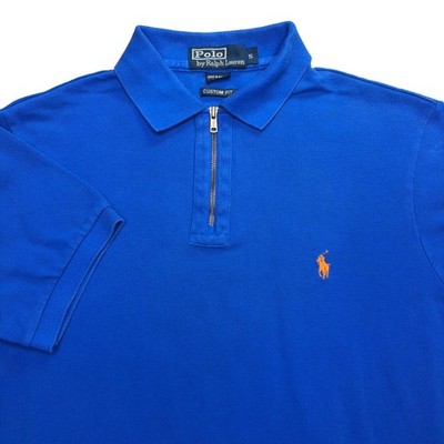 Polo Ralph Lauren Polo Shirt Mens M Blue Zipper Collar Custom Fit Orange Pony