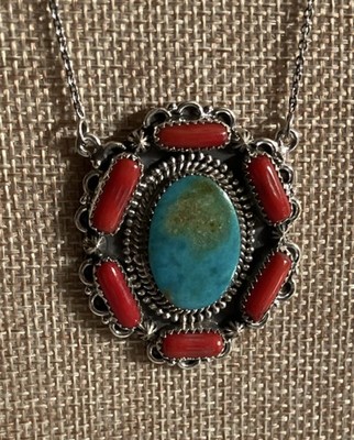 Native American Handmade Sterling Silver Necklace Turquoise Coral Stones 20.6g