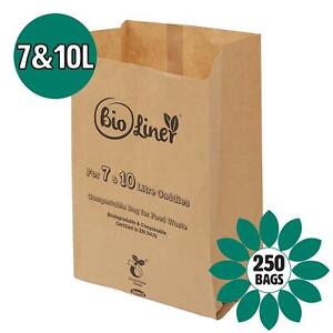 250 x Paper Compostable Brown Caddy Food Waste Bin Liners/Bin Bags 7L & 10L