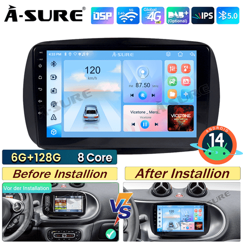 Real 6+128G 8-Core Android 14 Autoradio Carplay Nav für Smart Fortwo Forfour 453 - Bild 1 von 12