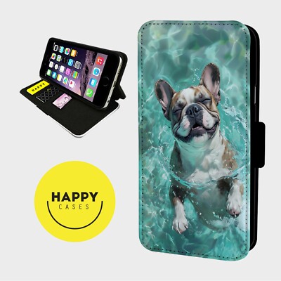 FRANZÖSISCHE BULLDOGGE SCHWIMMEN - Kunstleder Klapp Handy Hülle Cover - iPhone/Samsung