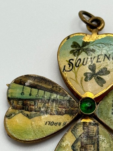 Antique Enamel Souvenir Naples Italy Napoli Travel 4 Leaf Clover Opening Charm - Picture 5 of 15