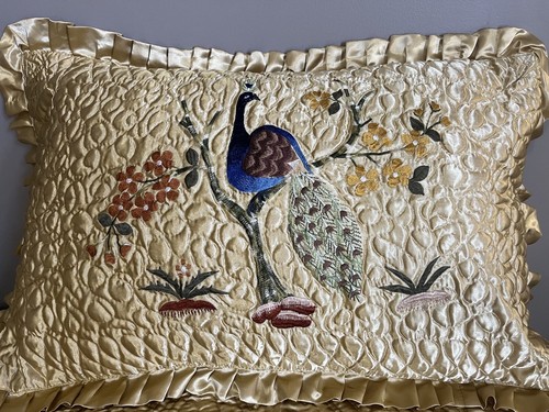 VTG Jaipur Satin Embroidered Peacock Quilt Bedspread Blanket Queen Size Gold - Picture 15 of 23