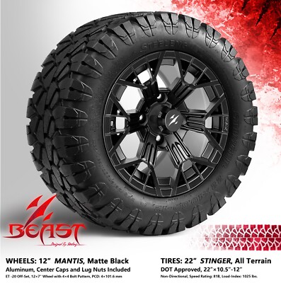 GOLF CART 12'' MATTE BLACK 'MANTIS' WHEELS/RIMS and 22'' STINGER DOT A/T TIRES