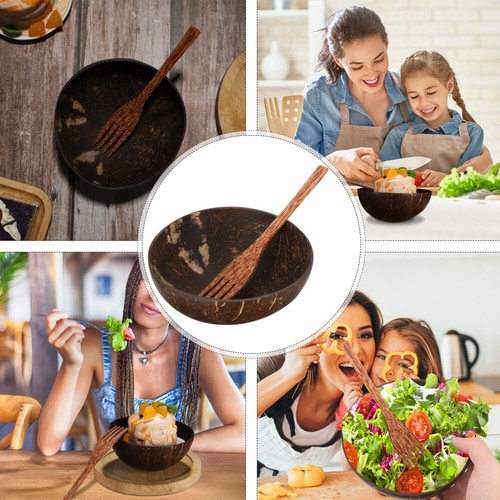 1 Set Kokosnussschale Schale Holz Obst Salatschüssel mit Gabel Vorratsschüssel mit Gabel - Bild 5 von 12