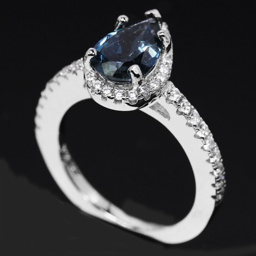 925 STERLING SILVER NATURAL AAA LONDON BLUE TOPAZ PEAR & WHITE CZ RING SIZE 7 - Picture 2 of 6