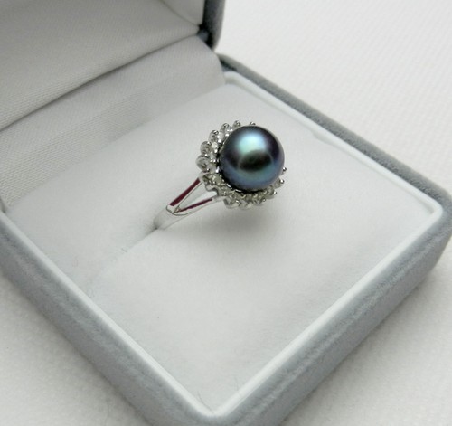 Tahitian Pearl & Diamonds Halo Ring in Solid 14k White Gold size 6.75 - Picture 4 of 9