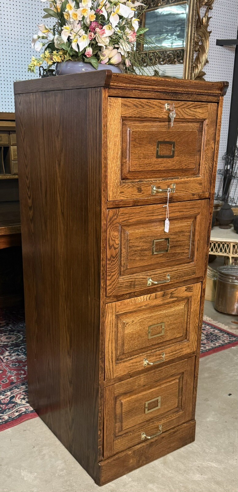 Vintage Tiger Oak File Cabinet With Keys and Smooth Drawers
